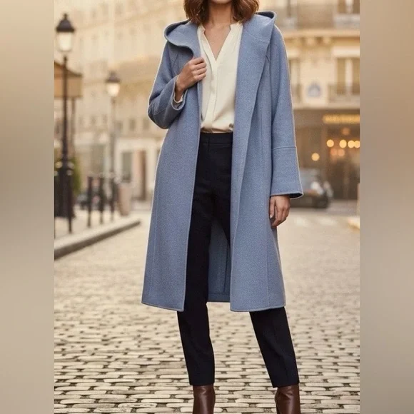 JOIE Medium Women Blue Wool Blend Hooded Open Front Stylish Midi Trench Overcoat - Picture 1 of 10